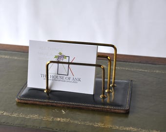 Porta-cartas vintage em esmalte azul: Organizador de mesa em latão