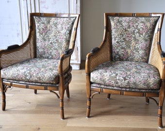 Vintage chairs by Giorgetti, midcentury chair faux bamboo, antique wooden chair, floral botanical pattern,