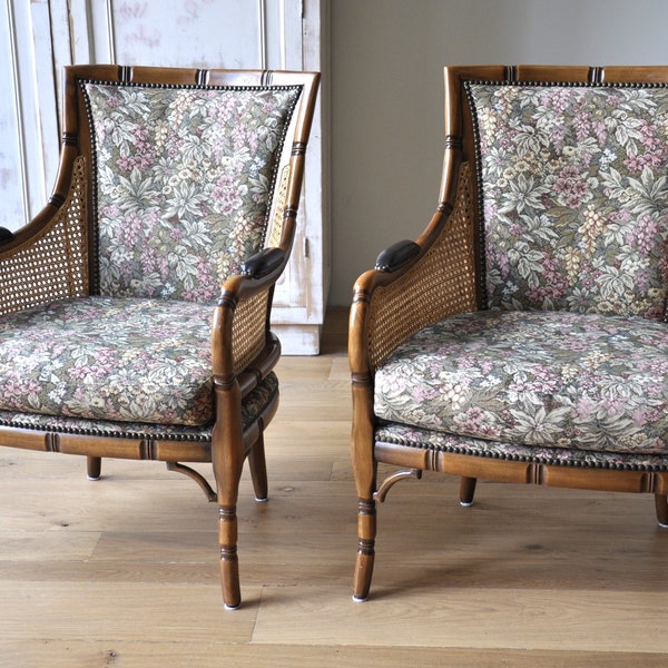 chaises vintage de Giorgetti, chaise du milieu du siècle en faux bambou, chaise en bois antique, motif botanique floral,