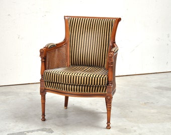 Chaise ancienne élégante à rayures dorées et noires, chaise d'appoint antique, chaise vintage pour femmes