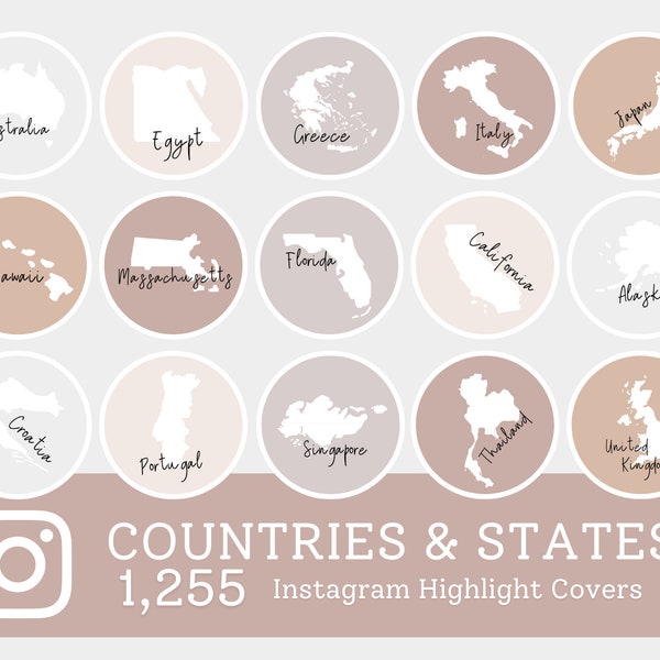 Couvertures de faits saillants de récits Instagram de pays et d'états, Couvertures de faits saillants de récits de voyage, Icônes de récits de voyage, Couvertures de faits saillants de pays, États