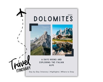 7 Tage Dolomiten Reiseroute, Italien Reiseführer, Digital PDF Download, 30 Seiten, druckbar, Karte mit den Sehenswürdigkeiten von Norditalien