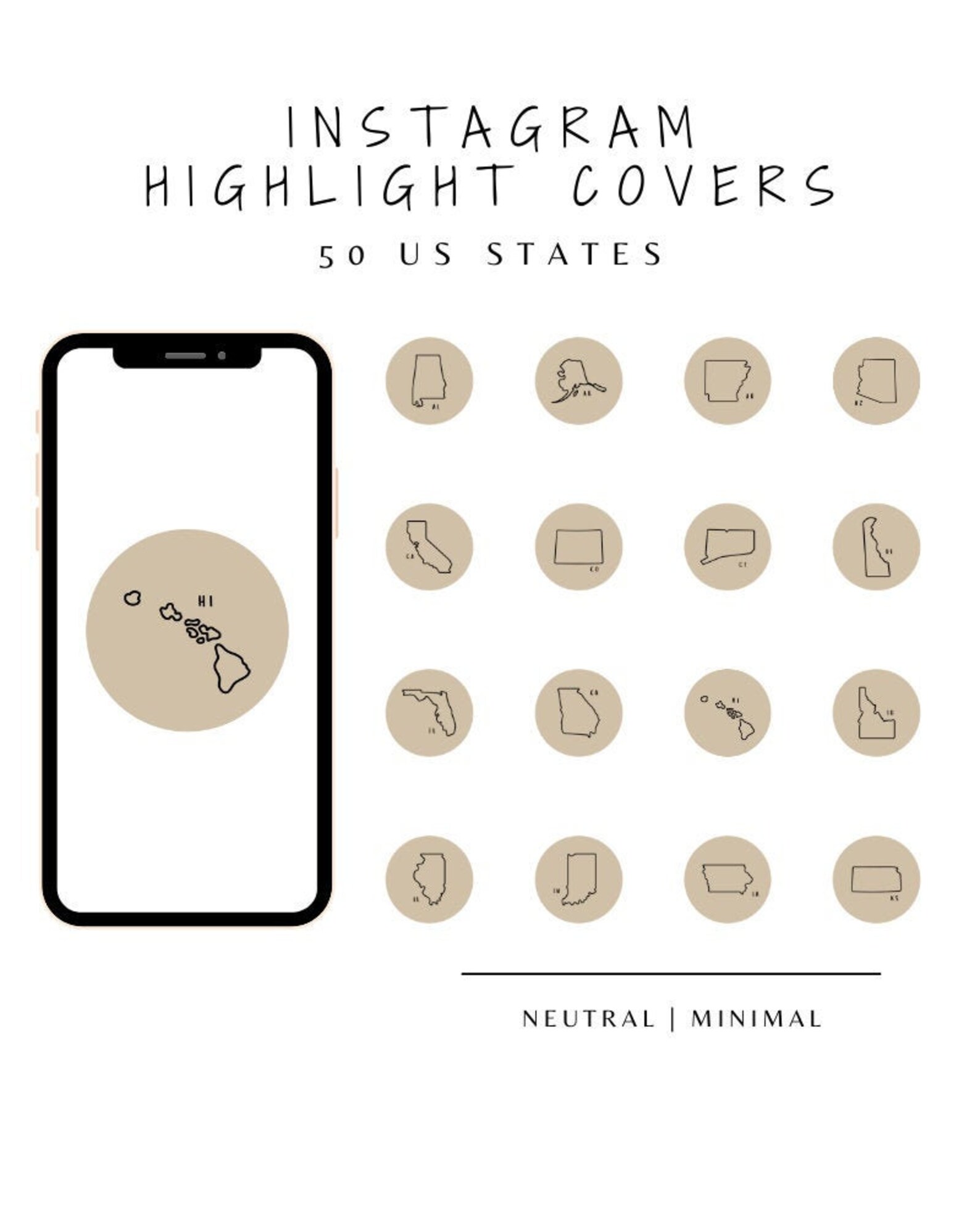 50 US States Instagram Story Highlight Covers Neutral Story | Etsy