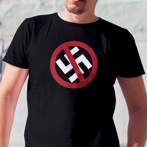 May include: A black t-shirt with a red circle and a diagonal line through a white swastika.