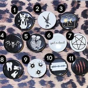 Punk Pins - Pinback Punk Buttons - Goth Pins - Occult Bones Skeletons Bats Teeth Razorblades Tarot Celestial Pins - Punk Rock Button Pins