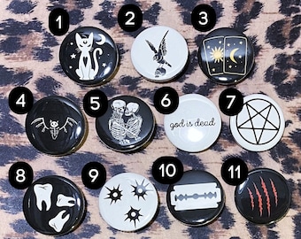 Punk Pins - Pinback Punk Buttons - Goth Pins - Occult Bones Skeletons Bats Teeth Razorblades Tarot Celestial Pins - Punk Rock Button Pins