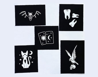 Punk Patches - Goth patches - Gothic Occult Witchy Cloth Patches - Bats Bones Teeth Patch - Tarot Raven Crow Skull Celestial Evil Cat Patch