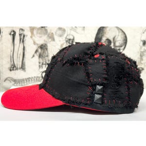 Red & Black Punk Patch Hat - Post Apocalyptic Hat - Crust Punk Hat - Goth Metal Emo Grunge Alt Accessories Punk Rock Stage Wear Baseball Cap