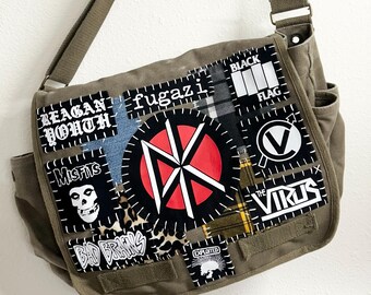 Punk Messenger Bag, Punk Patched Purse, Punk Bag with Punk Band Patches, Military Bag Concert Festival Protest Bag Punk Accessory Punk Gift