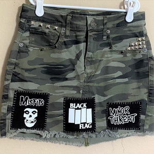 Crust Punk Skirt - Size 00 Camo Upcycled Diy Skirt with Punk Patches, Studs, & Spikes - Spiked Punk Skirt - Punk Clothing - Camouflage Skirt