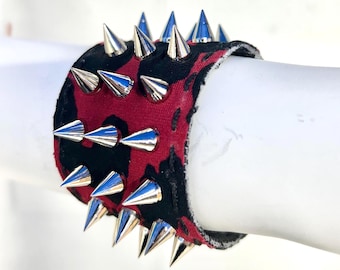 Punk Jewelry Spiked Punk Wrist Cuff Red Leopard Print Spike Bracelet - Spike Bracer Wristband - Gift for Goth Alt Emo Scene Alt Goth Jewelry