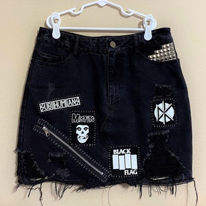 Black Denim Punk Skirt - Medium Upcycled Diy Skirt with Punk Patches, Studs, Zippers, Rips - Crust Punk Goth Skirt - Crust Starter Skirt