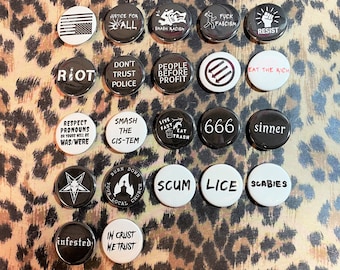 Punk Pins Pinback Punk Buttons Anarchy Anti-Fascist Anti-Racist ACAB Protest Activism Atheist Anarchist Satanic Punk Rock Antifa Scum Pins