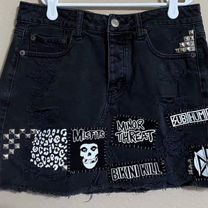 Black Denim Punk Skirt - Size 4 Upcycled Diy Skirt with Punk Patches, Studs, Zippers, Rips - Crust Punk Goth Skirt - Crust Starter Skirt