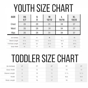 Puede incluir: Tabla de tallas para j&oacute;venes y ni&ntilde;os peque&ntilde;os con medidas en pulgadas para el pecho, la cintura, las caderas, la longitud de la manga, la longitud total del cuerpo y el ancho del cuerpo. La tabla incluye las tallas XS, S, M, L, XL para j&oacute;venes y 2T, 3T, 4T, 5T y 6T para ni&ntilde;os peque&ntilde;os.