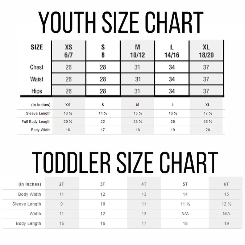 Puede incluir: Tabla de tallas para j&oacute;venes y ni&ntilde;os peque&ntilde;os con medidas en pulgadas para el pecho, la cintura, las caderas, la longitud de la manga, la longitud total del cuerpo y el ancho del cuerpo. La tabla incluye las tallas XS, S, M, L, XL para j&oacute;venes y 2T, 3T, 4T, 5T y 6T para ni&ntilde;os peque&ntilde;os.