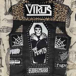 Punk Rock Battle Vest - Womens Medium Black Denim Vest with Patches, Studs, Spikes, Pins, Battle Jacket Crust Vest Punk Stage Wear Punk Rock