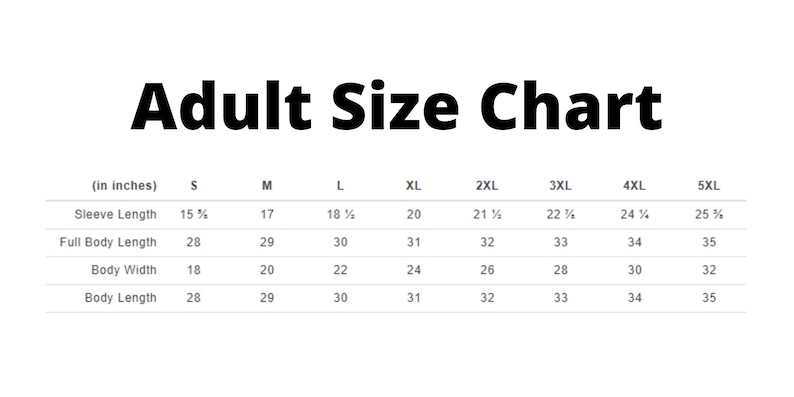 Puede incluir: Tabla de tallas para adultos en pulgadas para ropa. La tabla muestra las medidas de la longitud de la manga, la longitud total del cuerpo, el ancho del cuerpo y la longitud del cuerpo. Las tallas van de la S a la 5XL.