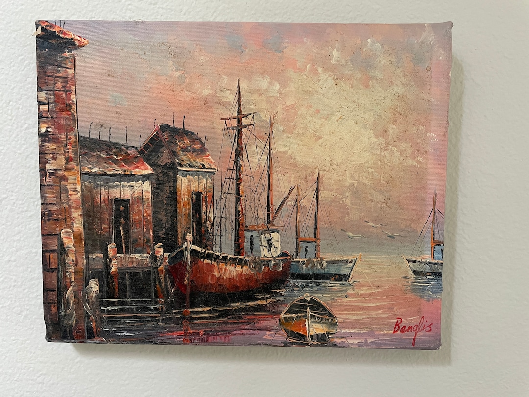 LY PAINTER × Underhanded Vintage Oil Painting of a Ship Harbor by Artist Banglis. - Etsy
