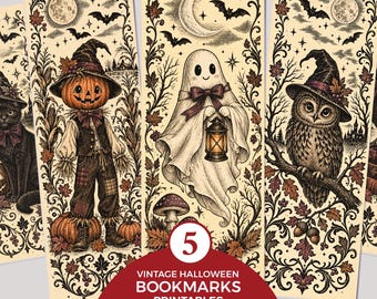 Juego de 5 marcapáginas vintage de Halloween: bruja, gato, búho, fantasma y cuervo (descarga digital).