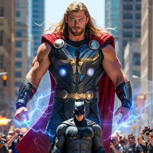 May include: A superhero in a black and grey costume with a cape stands in front of a larger superhero wearing a red and gold costume with a cape. The larger superhero is holding a lightning bolt in each hand. Both superheroes are standing on a city street.