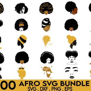 May include: A set of 100 black and white afro silhouette SVG designs. The designs feature different hairstyles, head wraps, and crowns. The text "100 Afro SVG Bundle" is at the bottom of the image. The text "SVG. DXF. PNG. EPS" is below the bundle text.
