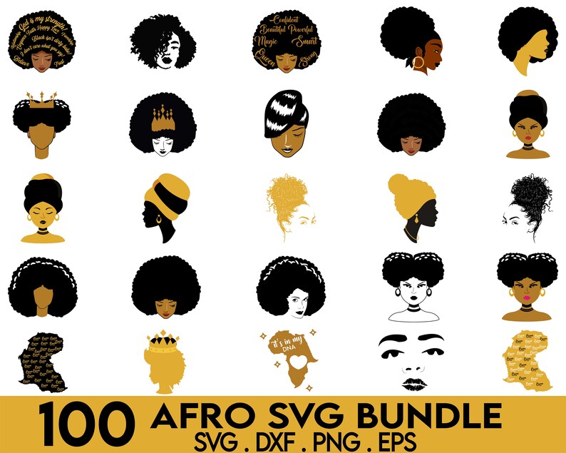 May include: A set of 100 black and white afro silhouette SVG designs. The designs feature different hairstyles, head wraps, and crowns. The text "100 Afro SVG Bundle" is at the bottom of the image. The text "SVG. DXF. PNG. EPS" is below the bundle text.