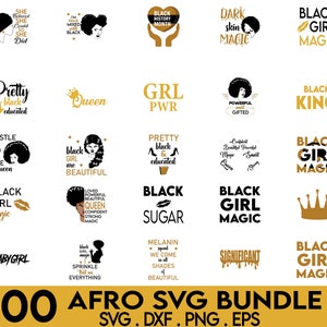 May include: A set of 100 black and gold SVG designs featuring various phrases and images related to Black culture and empowerment. The designs include phrases like "Black Girl Magic", "Pretty Black & Educated", and "Black King".