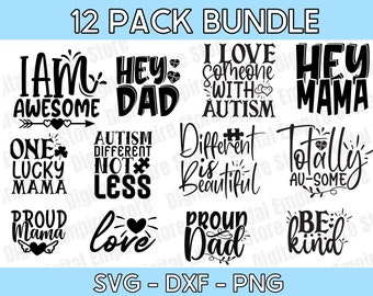 Autismus SVG Bundle | Autismus Anders Nicht weniger | Hey Papa, Mama | Different Is Beautiful | Stolzer Papa, Mama, Liebe Zitate, Be Kind, Svg, Png, Dxf