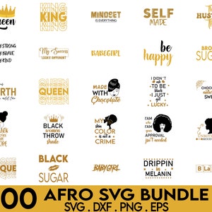 May include: A collection of 100 SVG designs featuring black and gold text and graphics. The designs include phrases like "Queen", "King", "Brown Sugar", "Made with Chocolate", "Black Women Throw Shade", "Drippin in Melanin", and "Unbothered Mood 24/7".