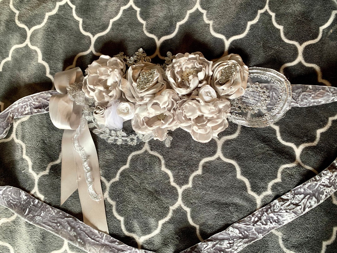 Stunning Silver Handmade Couture Flower Sash - Bridal Sash 