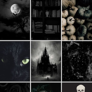 May include: A collage of nine dark, gothic-themed images. The images include a full moon with bats, a bookshelf, pumpkins, a cat's eye, a castle, a starry sky, black roses, a candlelit table, a skeleton, a graveyard, and a forest.