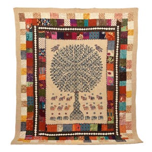 Handgjort Tree of Life Kantha Quilt King Size Patchwork Boho Överkast Hantverksdekor