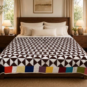 Handgjord Pinwheel Kantha Quilt King 90x108 Återvunnet Linne Brun Elfenben Patchwork