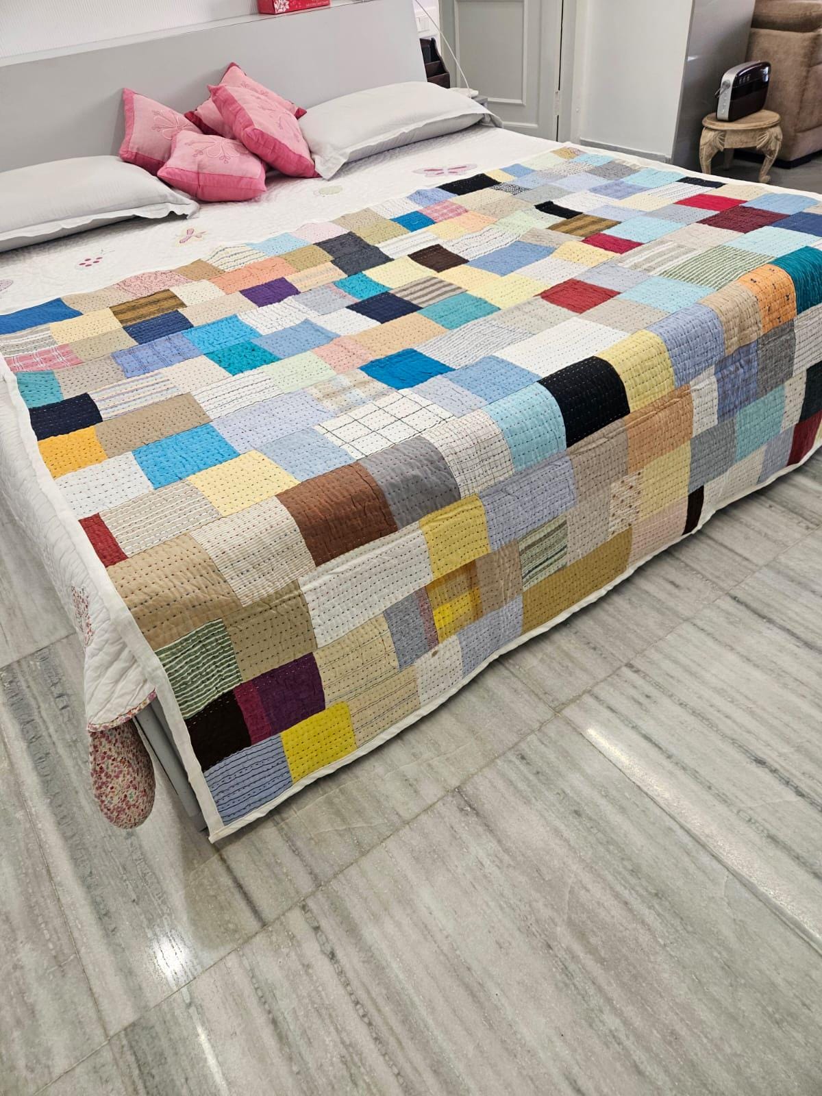 Handmade Linen Patchwork Quilt: Boho Kantha Throw, Upcycled Bedding (58 ...
