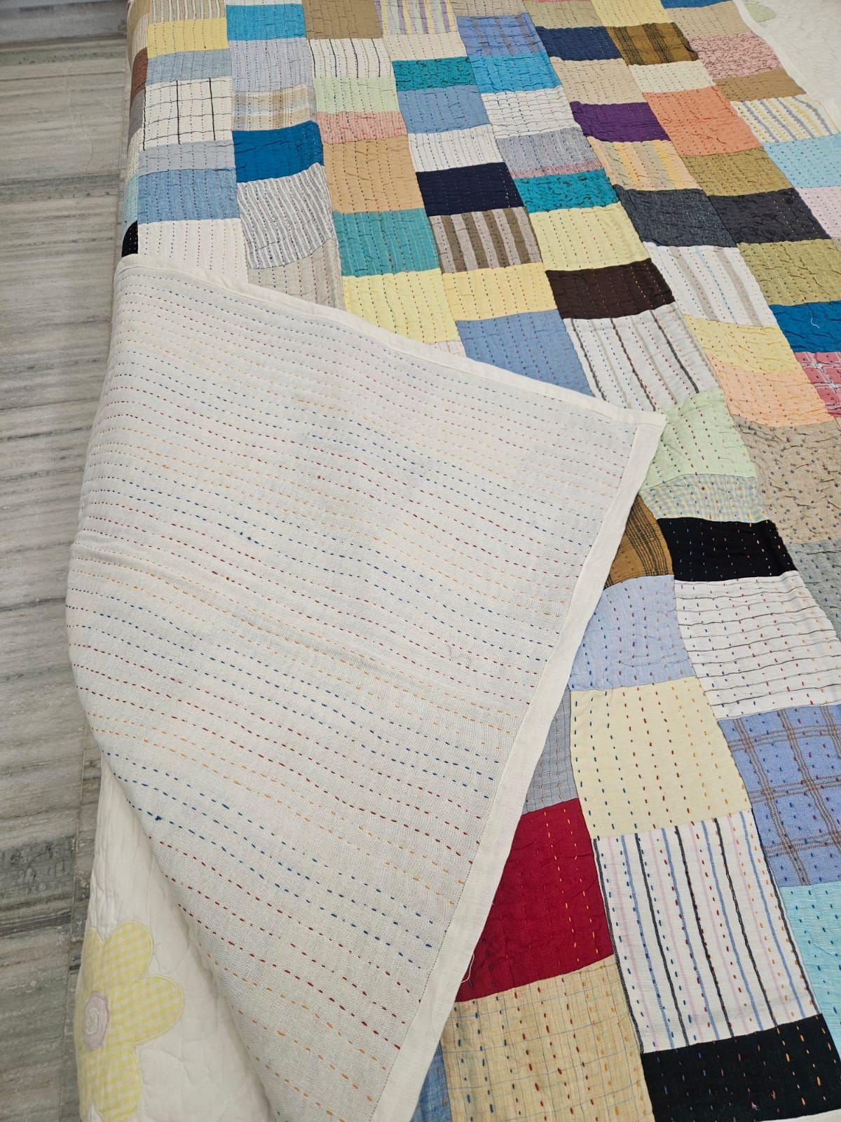 Handmade Linen Patchwork Quilt: Boho Kantha Throw, Upcycled Bedding (58 ...