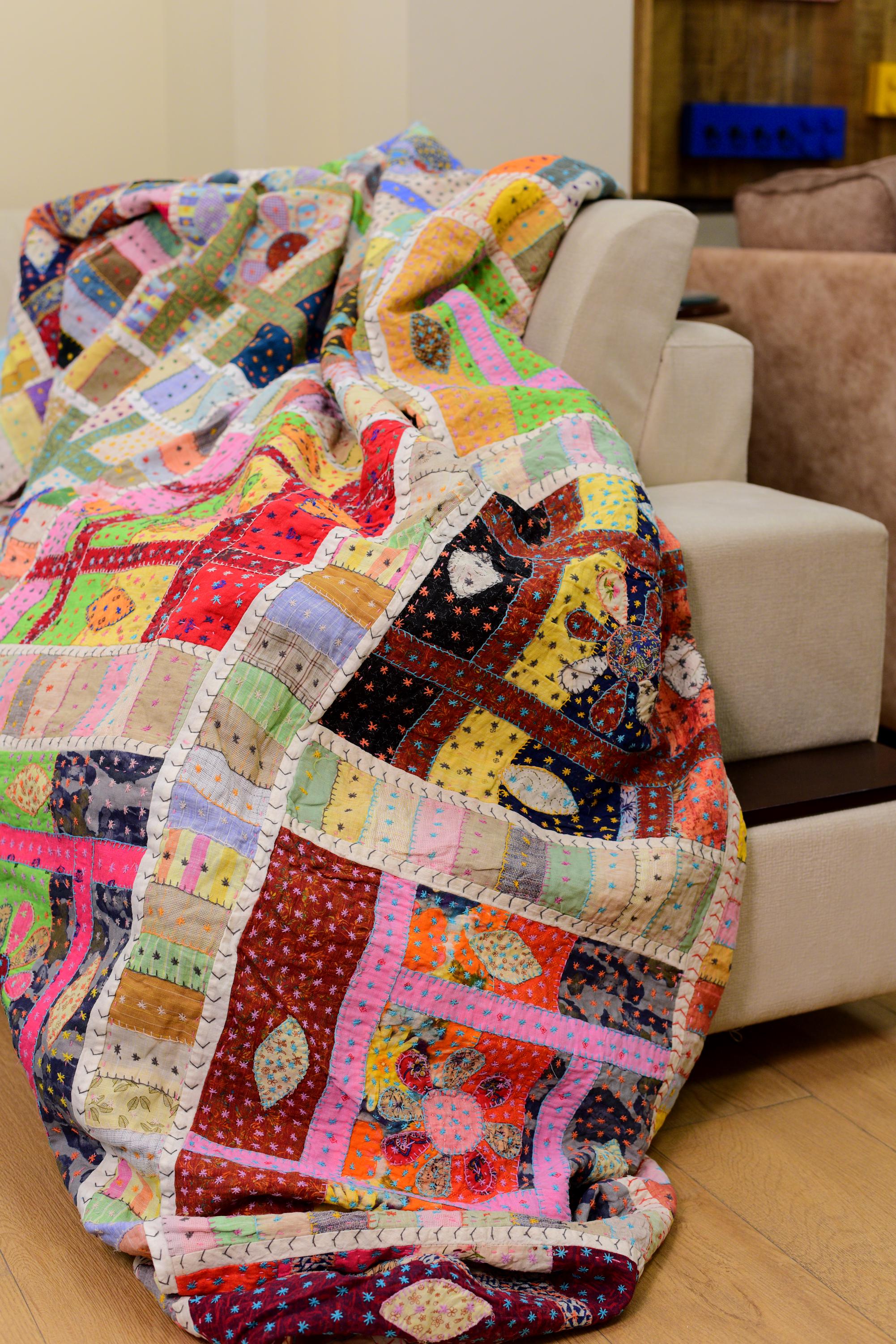Hand-embroidered Patchwork Linen Quilt: Reversible Kantha Throw (90x108 ...