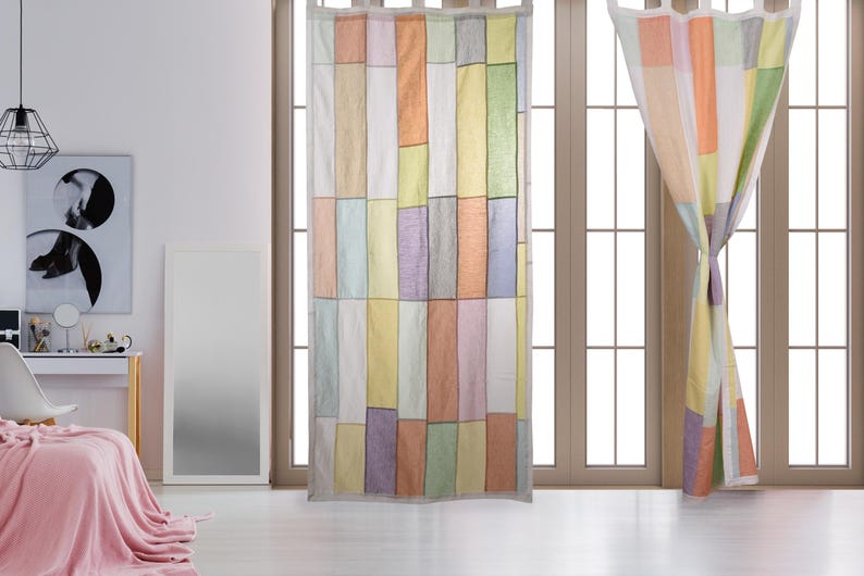 Pastel Bojagi linen Curtain, Upcycled Linen Panel, pastel semi Sheer Curtain, Handmade Korean Art, reversible, 36 by 81, custom order image 8