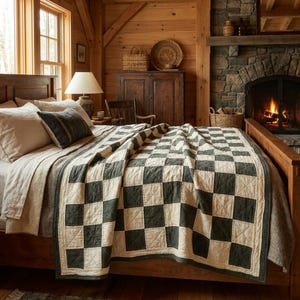Puede incluir: Una cama con un edredón a cuadros verdes y crema. La cama es de madera y tiene varias almohadas. La habitación tiene un ambiente rústico con chimenea y paredes de madera. Una lámpara está sobre una mesita de noche.