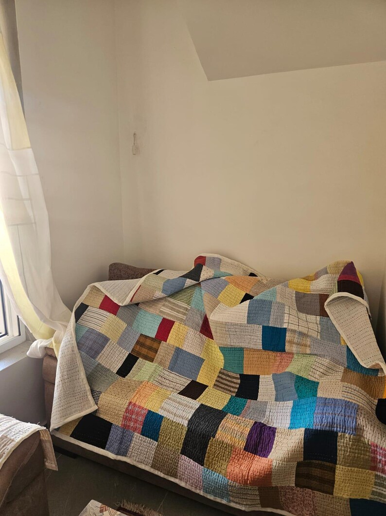 Handmade Linen Patchwork Quilt: Boho Kantha Throw, Upcycled Bedding (58 ...