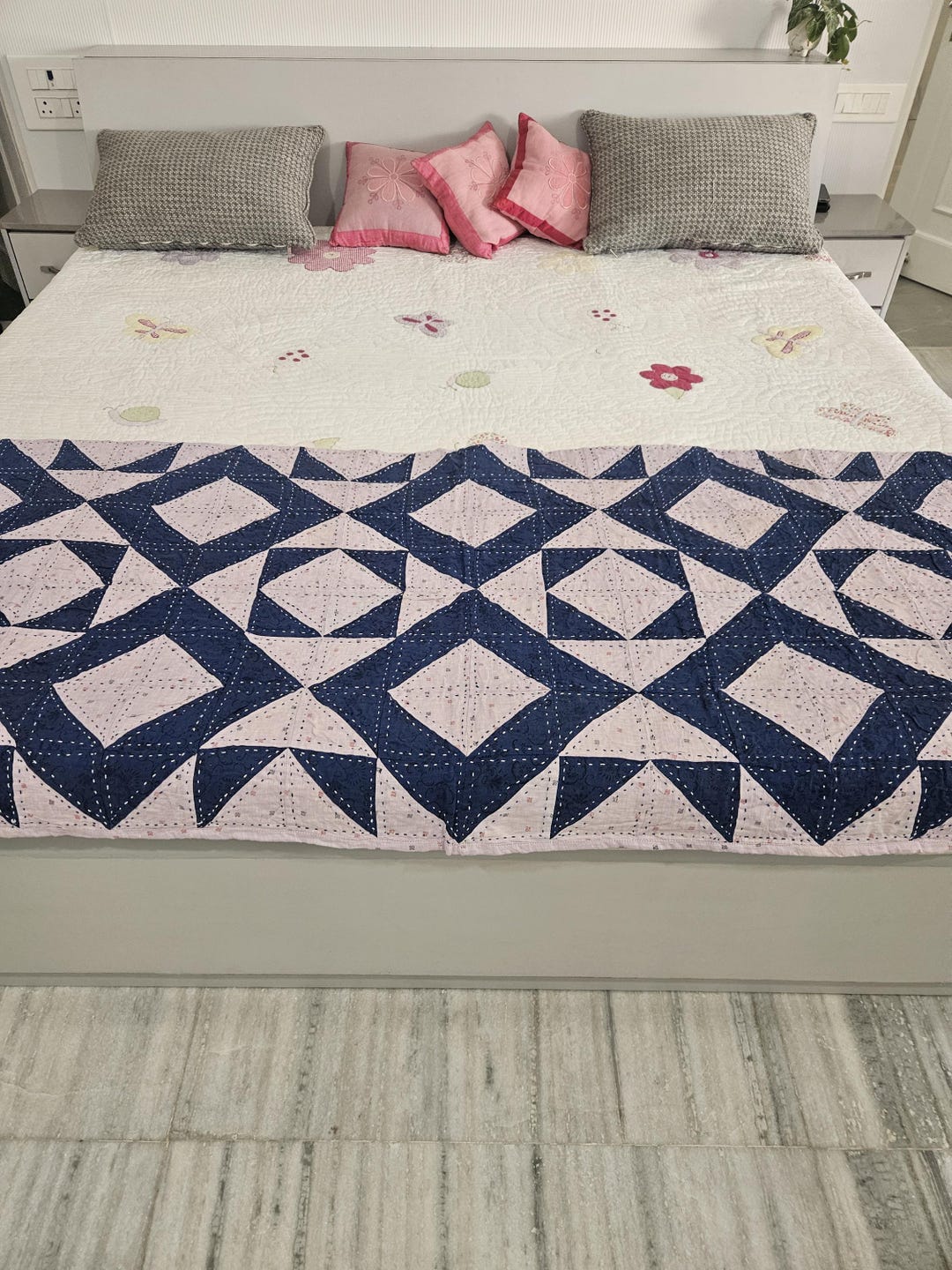 Upcycled Linen Patchwork Quilt | Handmade Kantha Stitch Bedspread| Blue ...