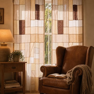 Gardinpanel i återvunnet linne med Pojagi-motiv | Neutralt lapptäcke | Boho-tyg