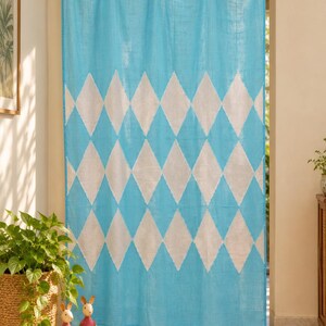Upcycled Linen Harlequin Diamond Curtain, Turquoise & White Tab Top Patchwork Panel, Handmade ,custom order