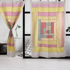 Handmade Linen Pojagi Curtain: Korean Patchwork Textile Art, Room Divider