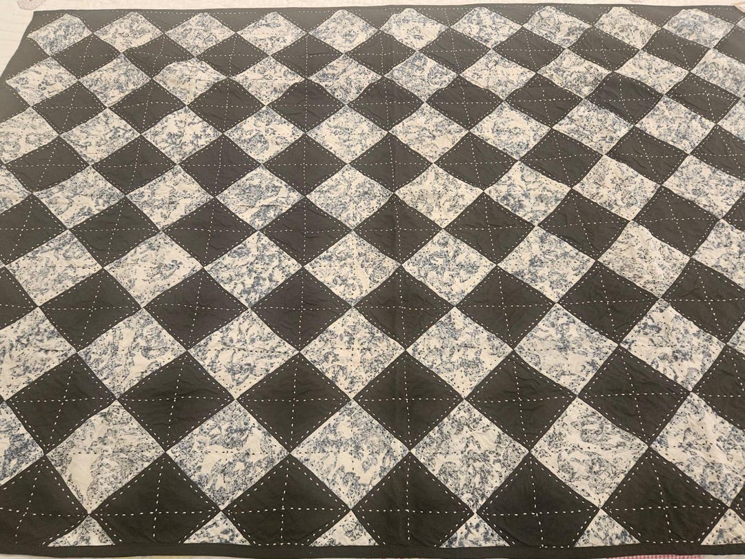 Upcycled Linen Patchwork Quilt | Black & White Diamond Kantha Stitch - Etsy