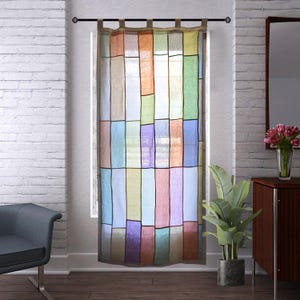 Pastel Bojagi linen Curtain, Upcycled Linen Panel, pastel semi Sheer Curtain, Handmade Korean Art, reversible, 36 by 81, custom order image 1