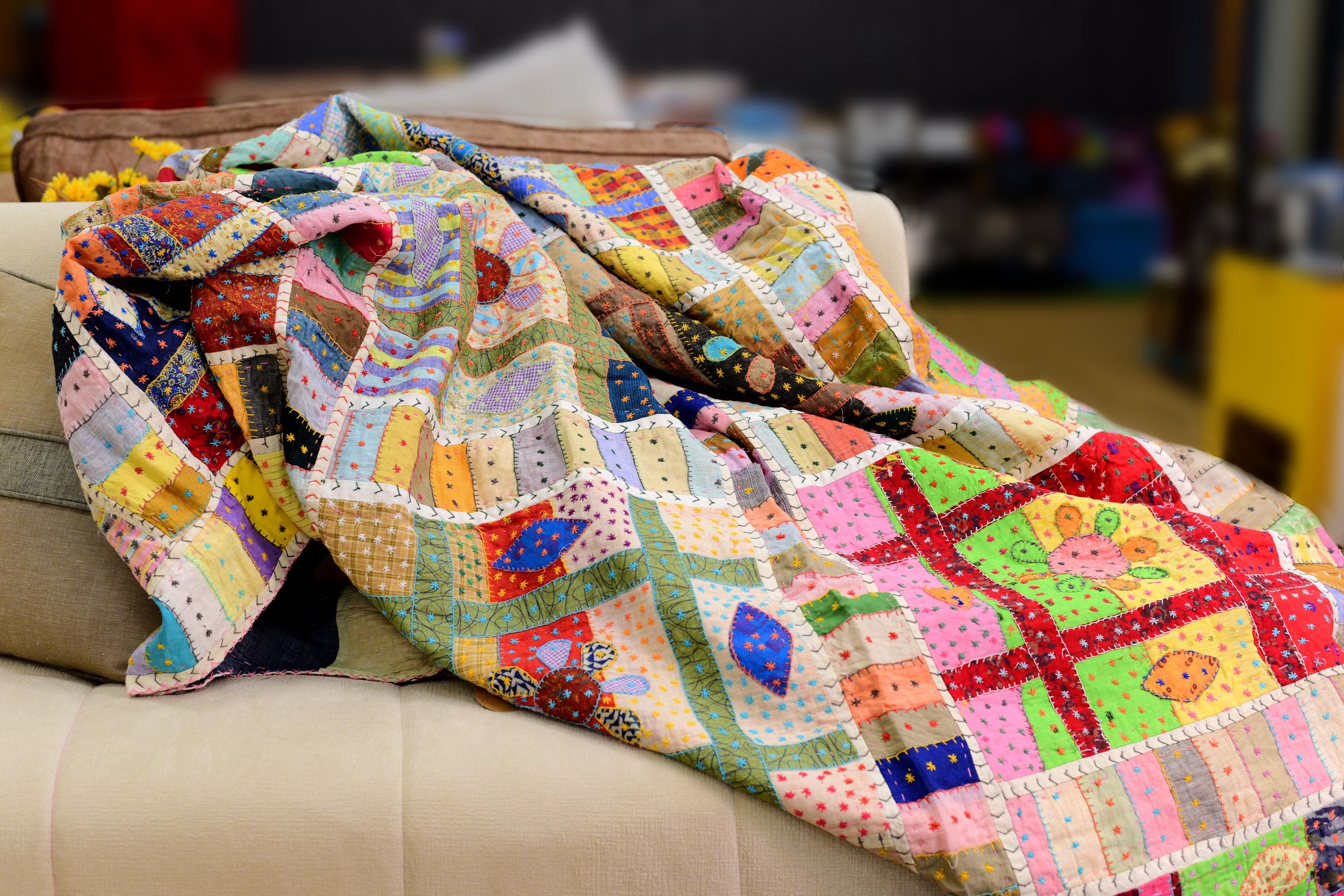 Hand-embroidered Patchwork Linen Quilt: Reversible Kantha Throw (90x108 ...