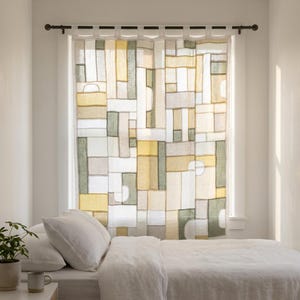 Korean Art Bojagi Curtain | Handmade Upcycled Linen | Geometric Patchwork | Tab Top | Custom order