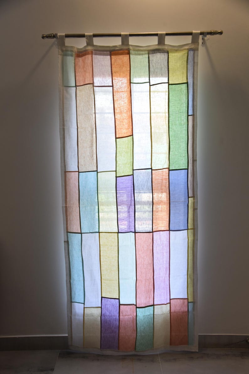 Pastel Bojagi linen Curtain, Upcycled Linen Panel, pastel semi Sheer Curtain, Handmade Korean Art, reversible, 36 by 81, custom order image 2