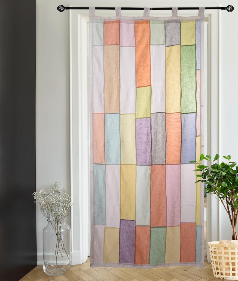 Pastel Bojagi linen Curtain, Upcycled Linen Panel, pastel semi Sheer Curtain, Handmade Korean Art, reversible, 36 by 81, custom order image 9